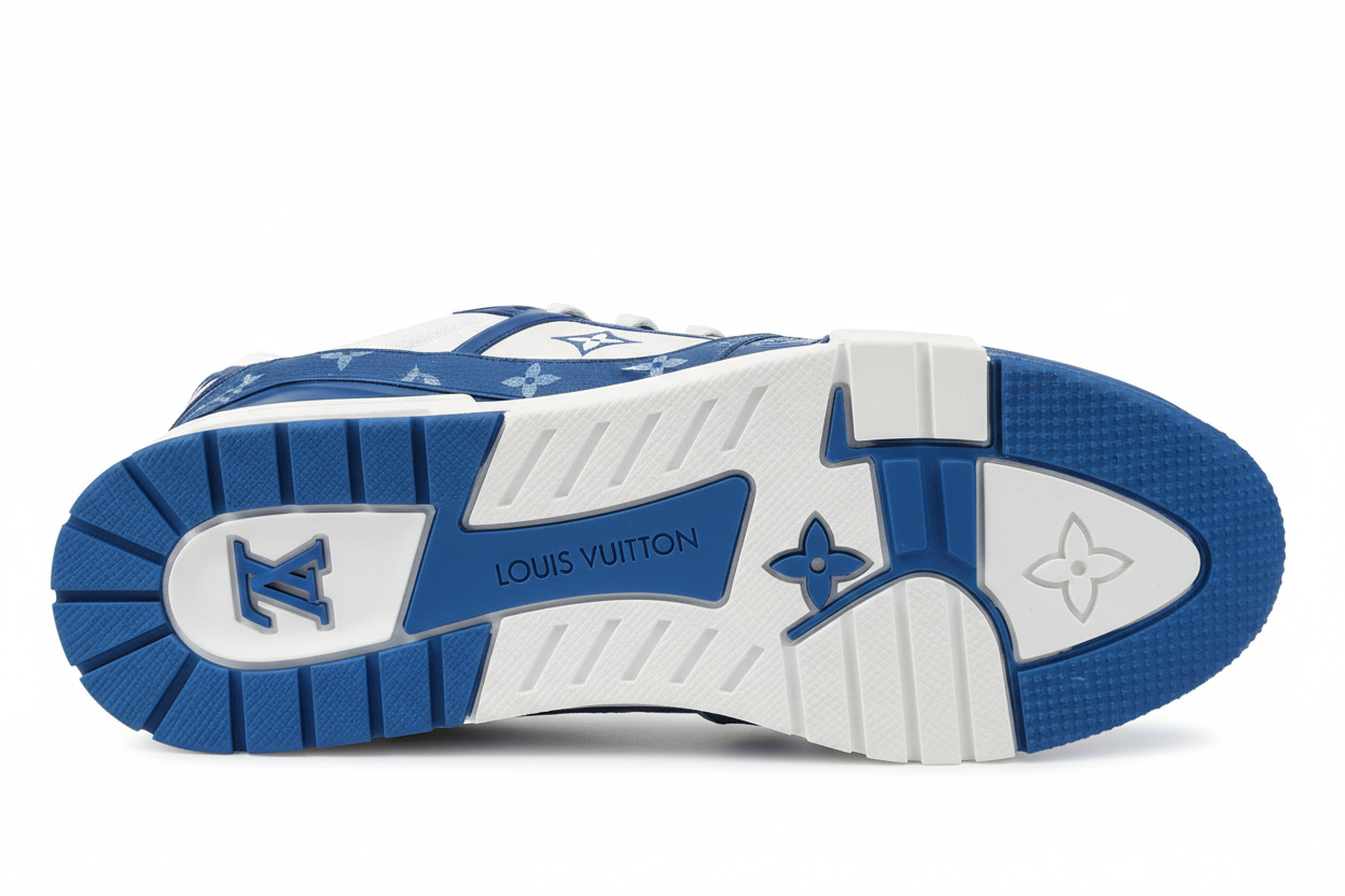 louis vuitton trainer blue and white from downside