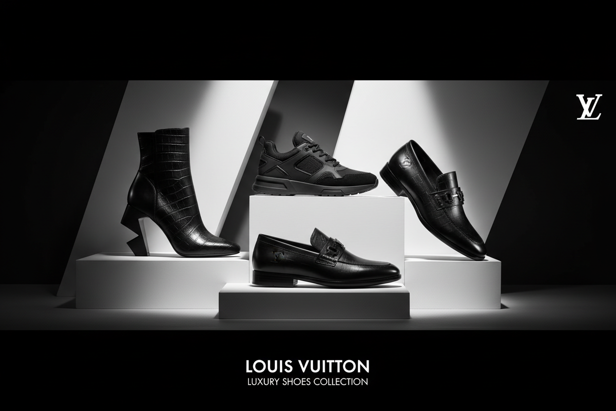 create image banner for louis vuitton shoes collection but theme must be blackish and white